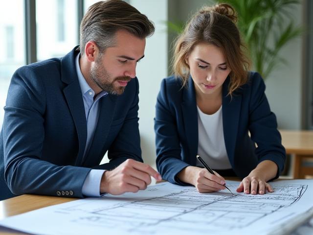 डिजाइन स्केच और ब्लूप्रिंट पर चर्चा करते हुए आर्किटेक्ट