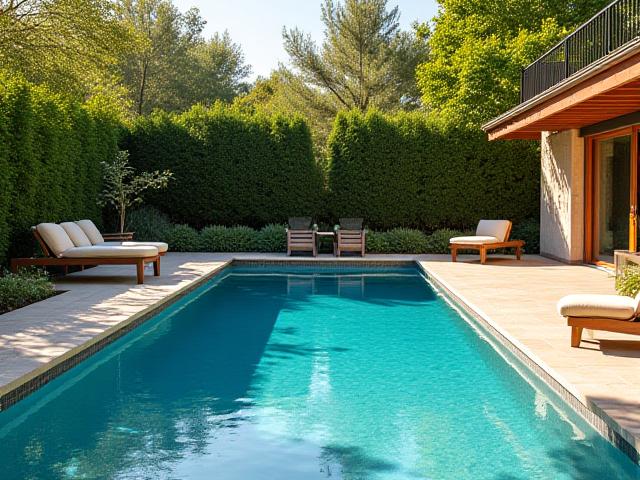एक अनुकूलित डिजाइन वाला निजी पूल एक हरे-भरे पिछवाड़े में