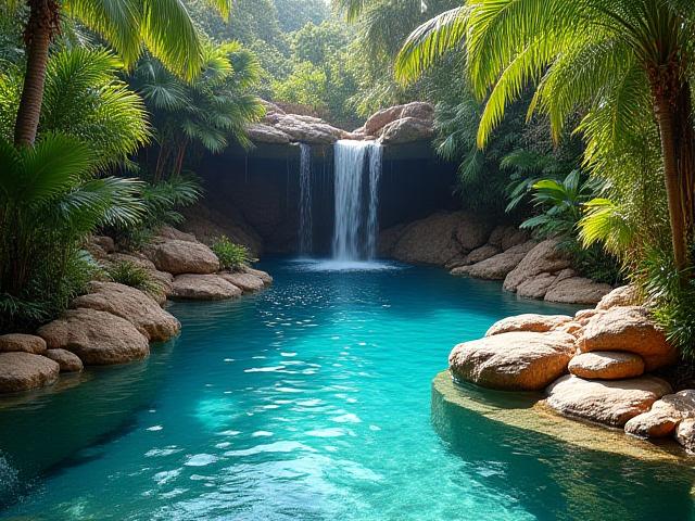 प्राकृतिक चट्टानों और पौधों के साथ एक सुरम्य लैगून-शैली का पूल