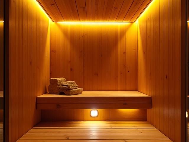 आधुनिक घरेलू सौना लकड़ी के पैनल और परिवेश प्रकाश व्यवस्था के साथ