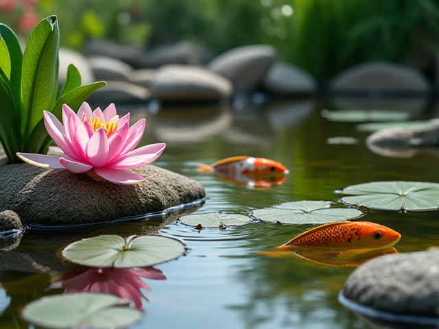 कमल के पैड और कोए मछली के साथ एक शांत तालाब